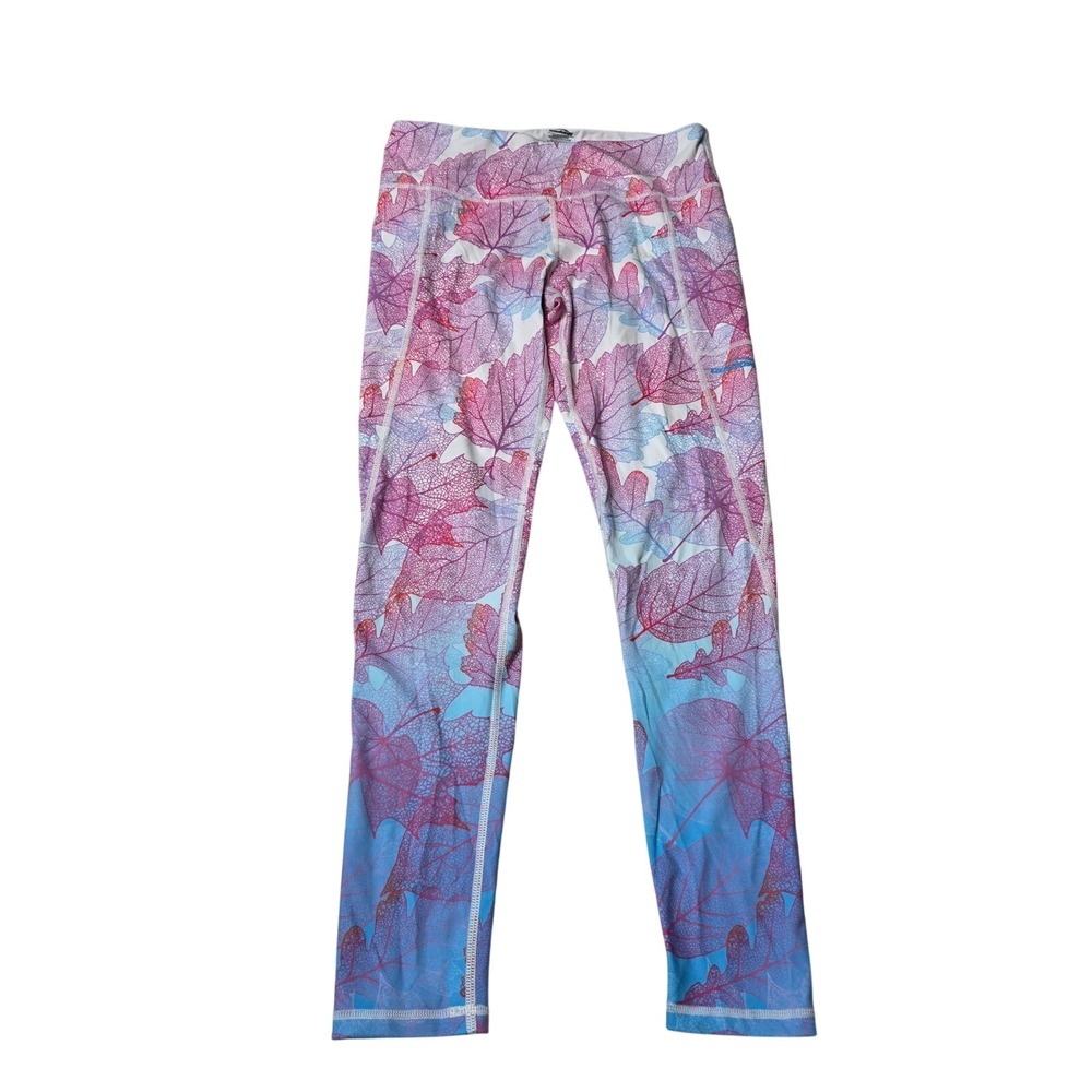 COOLOMG Womens‎ Pink Blue Ombre Leaf Print Yoga Leggings Pockets Size Medium